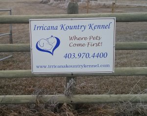 The Irricana Kountry Kennel sign at the gate